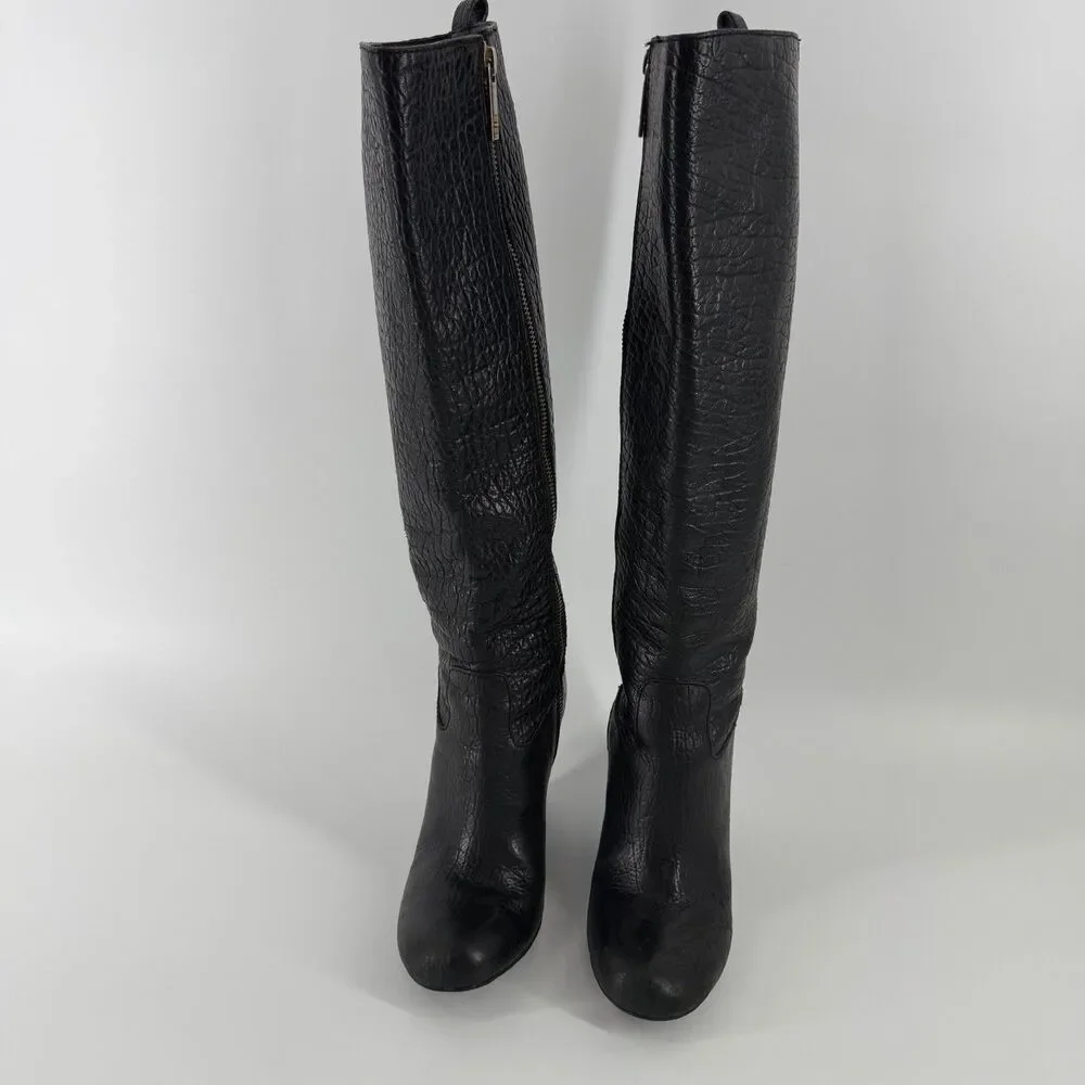 Tory Burch Dabney Knee High Wedge Boots Women’s 7.5 Black Pebbled Leather Zip Up